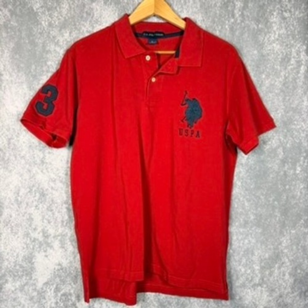 US Polo Assn Men Large Red Short Sleeve Polo Shirt Large Logo Blue 3 Patch